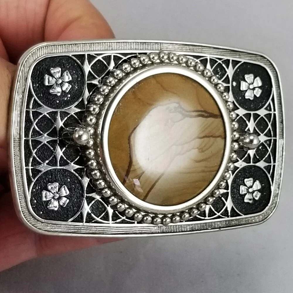 Vintage Belt Buckle Women's Unisex Western Filigree Stars Flowers Agate Cabochon